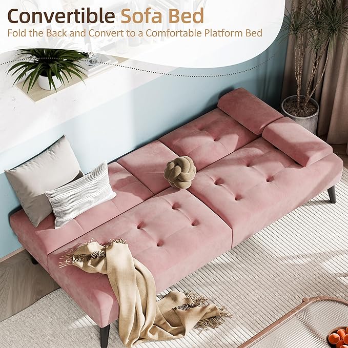 Shintenchi Futon Sofa Bed, Velvet Foldable Couch, Reclining Sleeper with Removable Armrests, Upholstered Loveseat Sofa Couch with Folding Cup Holders for Office, Home, Pink