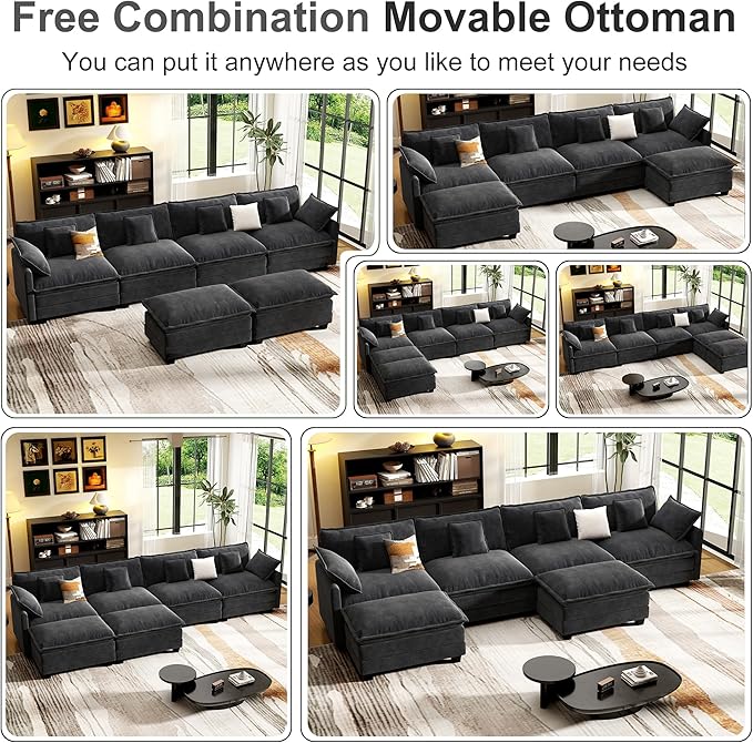 146" Cloud Couch Sectional, U Shaped Modular Sectional Sofa, 4-Seat Deep Seat Couch with 6 Removable Washable Pillows and 2 Ottoman for Living Room, Bedroom, Apartment, Black