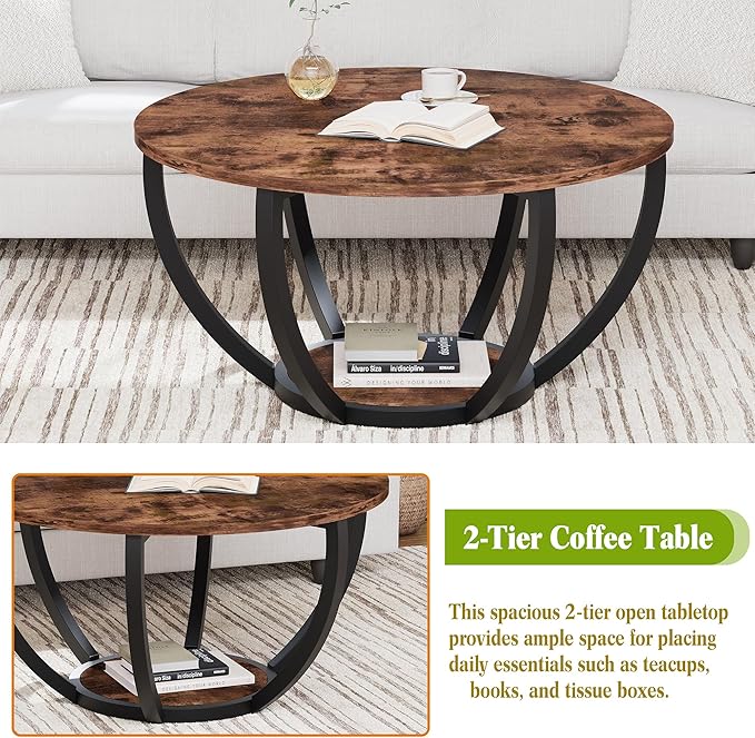 HOMERECOMMEND 28" Round Coffee Table with Storage,2-Tier Wood Accent Center Table for Living Room,Sofa Table for Home Office, Brown