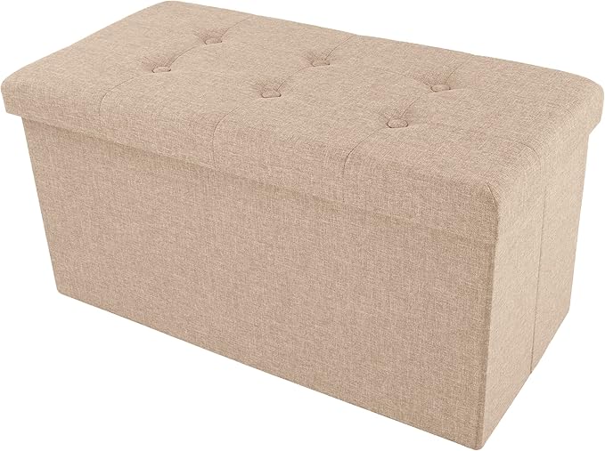 Lavish Home Folding Storage Ottoman - 30-Inch Tufted Footrest, Linen Chest, or Bench with Removable Bin for Living Room, Bedroom, or Dorm (Beige)