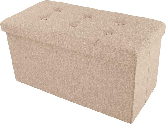 Lavish Home Folding Storage Ottoman - 30-Inch Tufted Footrest, Linen Chest, or Bench with Removable Bin for Living Room, Bedroom, or Dorm (Beige)