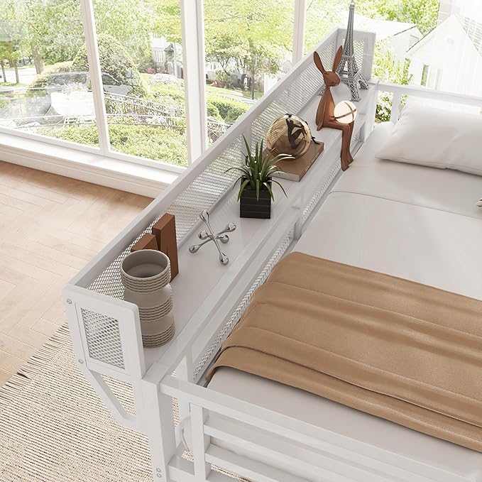 KEIKI Twin Size Metal Loft Bed Frame with Convertible Staircase, Built-in Storage Shelves & Wardrobe, Loft Bed with Solid Slats & Guardrail, No Box Spring Required, Easy Assembly, for Bedroom, White