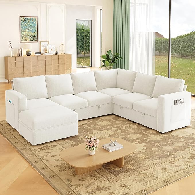 83.5" Sectional Sleeper Sofa with Pull Out Couch, Modern 5 Seat L Shaped Modular Couch, Sectionals Modular Sofa with Storage, Comfy Sectional Couches for Living Room & Apartment,Light Beige