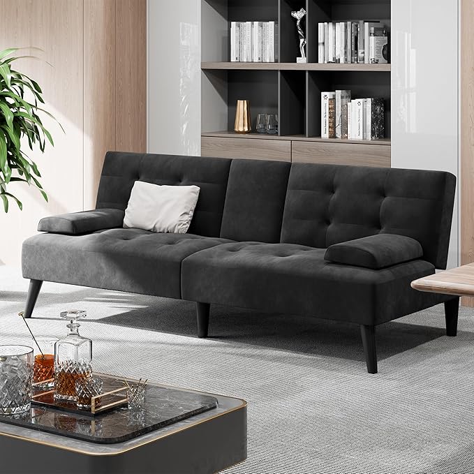 Shintenchi Futon Sofa Bed, Velvet Foldable Couch, Reclining Sleeper with Removable Armrests, Upholstered Loveseat Sofa Couch with Folding Cup Holders for Home, Office, Black