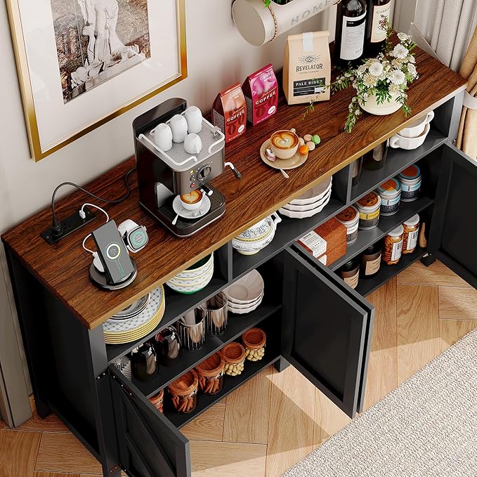 knoworld Buffet Sideboard with Storage with Power Outlets & LED Light 4 Doors, 55'' Large Farmhouse Kitchen Storage Cabinet Wood Coffee Bar Cabinet Buffet Table for Kitchen, Dining Room, Entryway
