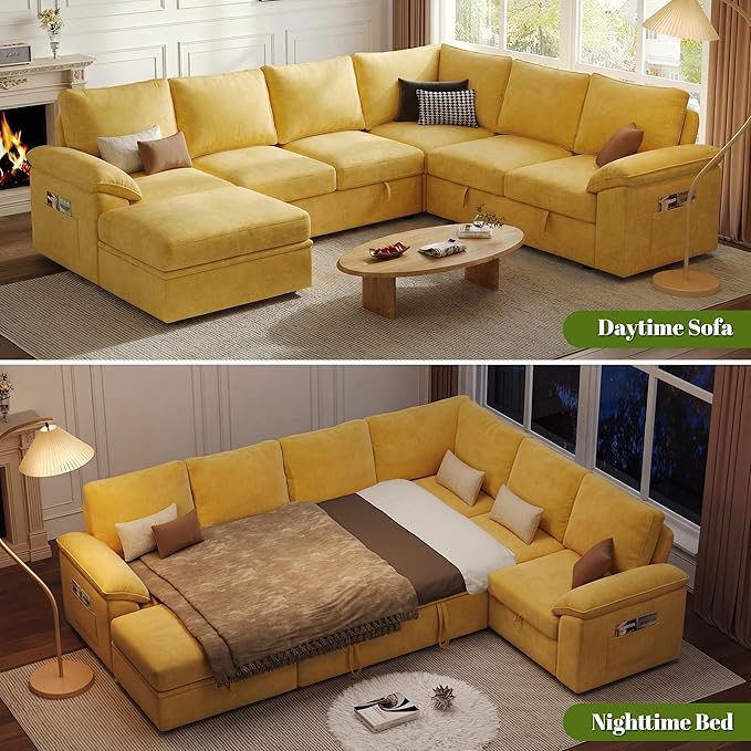108 Inch Modular Sectional Sofa with Pull Out Bed,U Shaped 7 Seat Sectional Sleeper Sofa with Storage,Sectional Couches for Living Room,Cloud Modular Couch,Removable Sofa Cover,Yellow