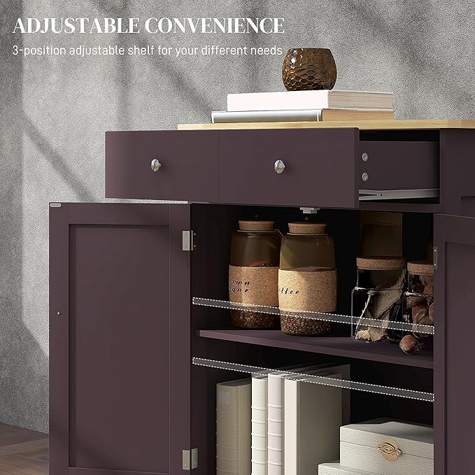 HOMCOM Sideboard Buffet Cabinet with Solid Wood Countertop, Modern Kitchen Storage Cabinet, Coffee Bar Cabinet with 2 Drawers, Doors and Adjustable Shelf, Coffee