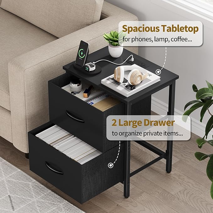 Vagusicc Nightstand with Charging Station, Bedside Table with USB Ports and Outlet, End Table Side Table with 2 Fabric Drawers for Bedroom, Living Room, Black