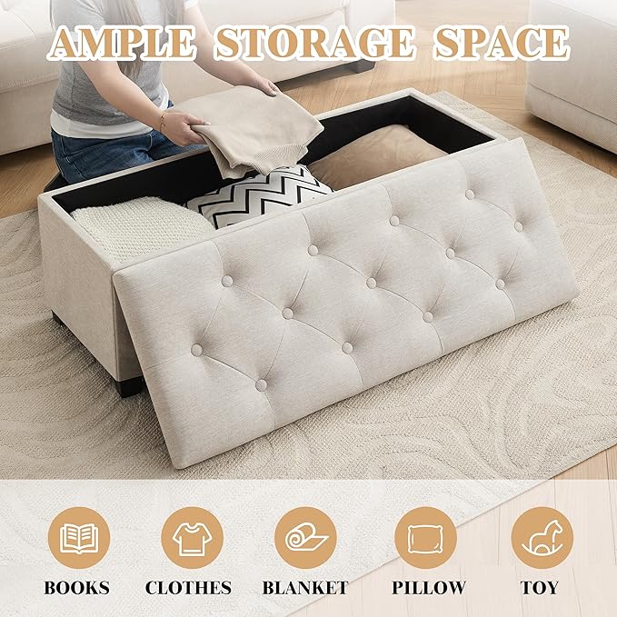 Mangodan 43 Inch Linen Storage Ottoman Bench, Foot Rest with Legs, End of Bed Bench, Storage Chest, Load up to 660 Lb, Ottoman with Storage Bench for Living Room, Bedroom, Entryway (Light Beige)
