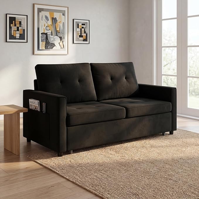 Convertible Sofa Bed, Pull Out Couch with Side Pockets, 3 in 1 Velvet Fabric Loveseat Sleeper Sofa Bed, Pull Out Couch with Adjustable Backrest for Living Room, Bedroom, Apartment, Light Gray