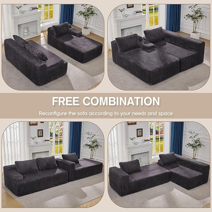 Hobestluk Modular Sectional Sofa Boneless Couch L-Shape Couch 3 Seat Modular Couch Memory Foam Sectional Couches for Living Room Furniture, Cloud Couch with Oversized Chaise (108" Right Facing Chaise)