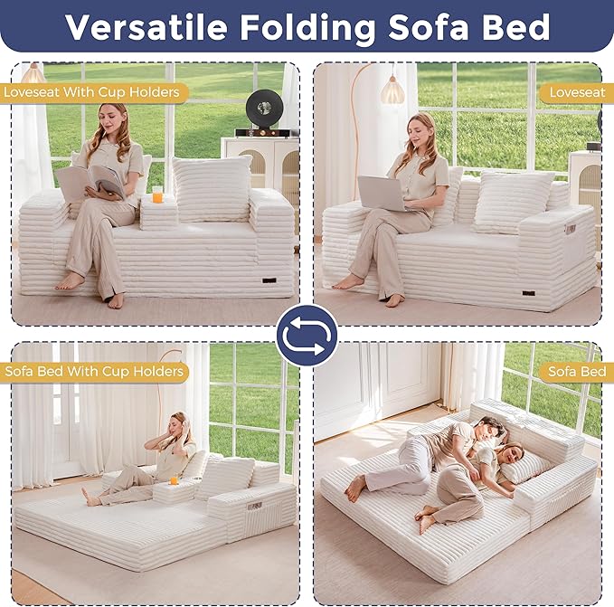 MAXYOYO Loveseat Sofa Bed, Striped Faux Fur Foldable Floor Sofa Couch in A Box, 4 in 1 Convertible Boneless Couch with 2 Cup Holders, Folding Recliner Sleeper Chair, No Assembly Required, Creamy