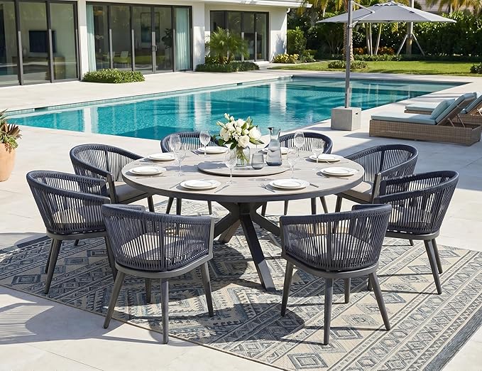 PURPLE LEAF 9-Piece Patio Dining Set with Cushions All-Weather Wicker Round Table and Chairs Gray-Finish Aluminum Frame Outdoor Furniture for Garden Deck Backyard