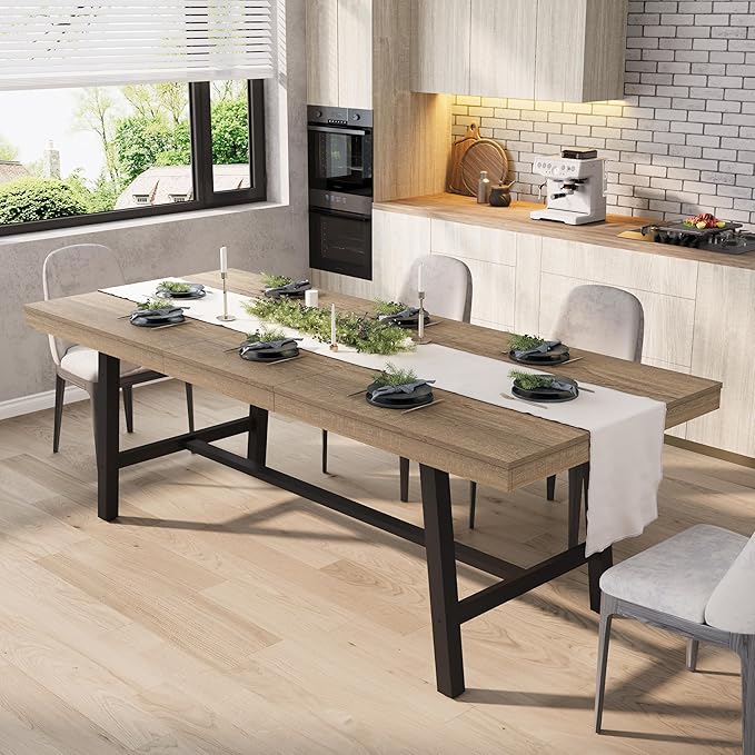 GarveeHome 63-83" Extendable Dining Table, Industrial Rectangular Dining Room Table for 6-8 People, Expandable Kitchen Table with Heavy Duty Metal Frame for Dining Room, Kitchen & Parties, Rustic Pear