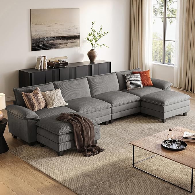 LINSY HOME 157" Modular U-Shaped Sectional Sofa, 4-Seat Corduroy Modern Cloud Couch with Deep Seat & 2 Movable Ottoman, Perfect for Living Room, Office, Bedroom, Grey