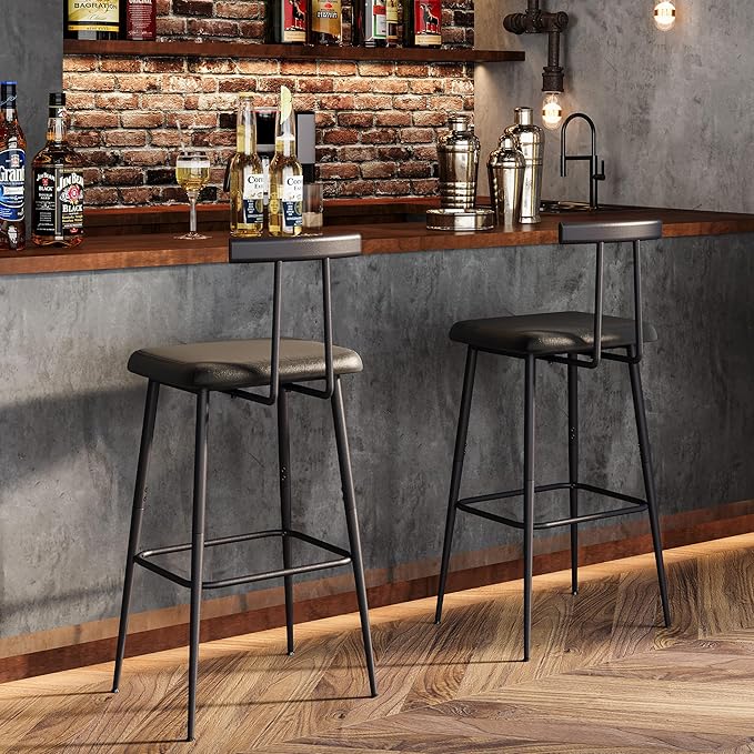 Bar Stools Set of 2, Tall Bar Stools with Backrest and Footrest, Counter Height Bar Chairs, Industrial Barstools with PU Leather Cushion, for Kitchen, Dining Room, Bar, Cafe (Black) KBS515B