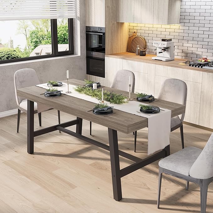 GarveeHome Industrial Dining Table for 4-6 People, 63" Long Kitchen Table with Sturdy Metal Frame, Rectangular Counter for Dinner, Kitchen, Dining Room (Grey Walnut, 63" Non-extendable)