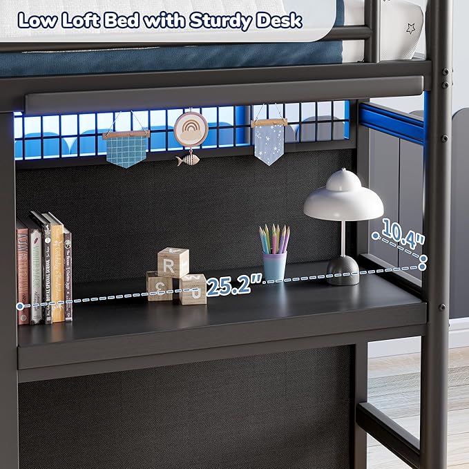 Low Loft Bed Twin Size with 7 Storage Drawers, Desk and LED Lights, Heavy Duty Metal Kids Loft Bed with 13.8" H Safety Guardrail, Anti-Collision Pad, Private Play Curtain, Under-Bed Play Space - Black