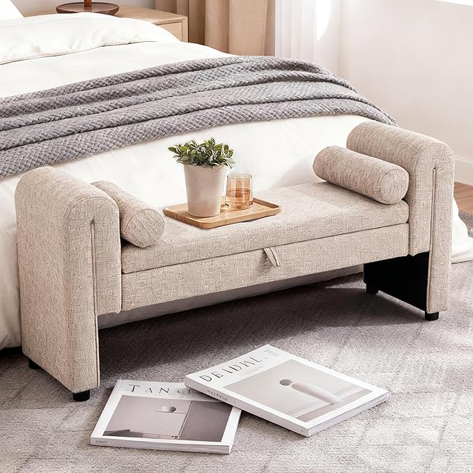 Storage Bench for Bedroom End of Bed, Velvet Upholstered Rolled Armed Button Tufted Sofa Stool Bench, Storage Ottoman Couch Long Bench with Solid Wood Legs (Oatmeal)
