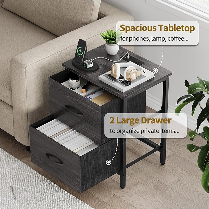 Vagusicc Nightstand with Charging Station, Bedside Table with USB Ports and Outlet, End Table Side Table with 2 Fabric Drawers for Bedroom, Living Room, Gray Walnut