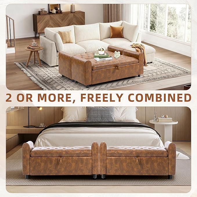 48" Ottoman with Storage, Tufted Storage Ottoman Bench, Convenient Living Room Fabrics Bench Seat, Entryway Shoe Benches with Inner Zipper & Arm, Rivetless Upholstered Window Seat Ottomans, Brown