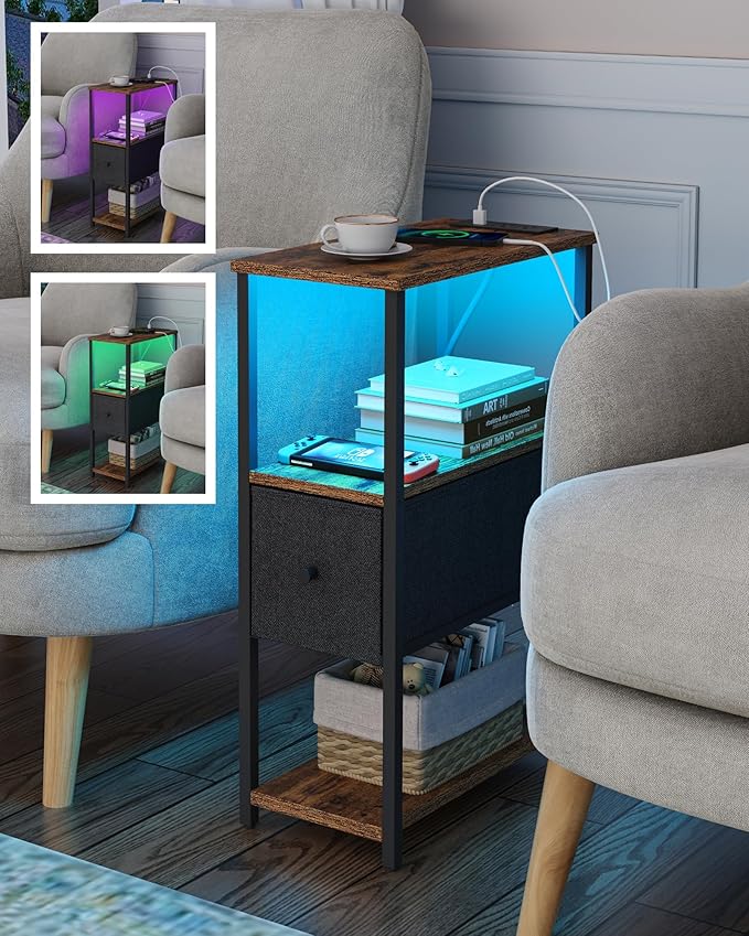 TUTOTAK Small Narrow LED End Table with Charging Station, Side Table Outlets, Nightstand with Cloth Drawer, Set of 2, Couch Table, for Living Room, Bedroom, Bedside, Brown and Black TB01BB059K