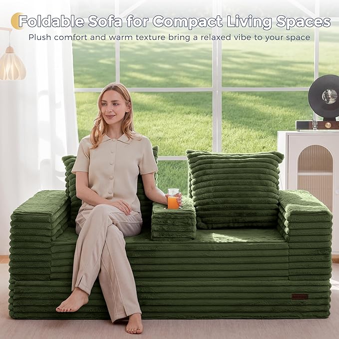 MAXYOYO Loveseat Sofa Bed, Striped Faux Fur Foldable Floor Sofa Couch in A Box, 4 in 1 Convertible Boneless Couch with 2 Cup Holders, Folding Recliner Sleeper Chair, No Assembly Required, Pine Green