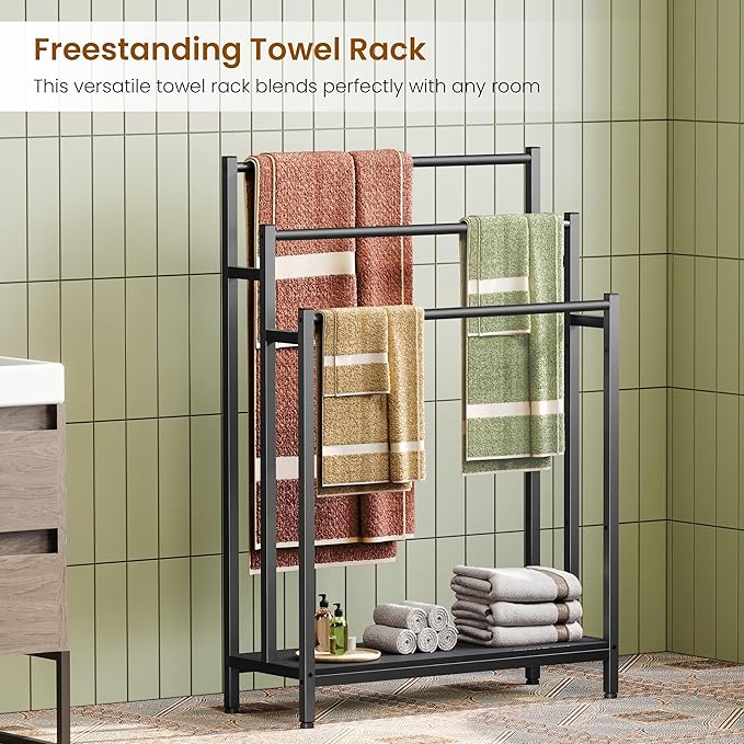 46" Extra Large Freestanding Towel Rack Stand for Bathroom, 3 Tier Blanket Ladder Holder, Outdoor Bath Towel Drying Rack with Shelf, Next to Tub or Shower, Quilt Rack, Black
