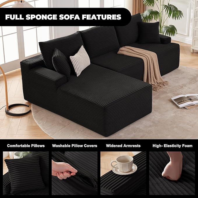 Mangodan Cloud Sectional Sofa, Boneless Couch for Living Room, Modular Sectional Sofa with Deep Seat, Fluffy Comfy Couch with L-Shaped Chaise, No Assembly Required, Black