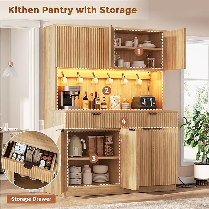 Jocoevol Fluted Kitchen Pantry Storage Cabinet with Charging Station/LED Light/Doors/Shelves, 71'' Tall Kitchen Food Hutch with Microwave Stand for Dining Room Living Room (Natural, 47 * 15.7 * 71)
