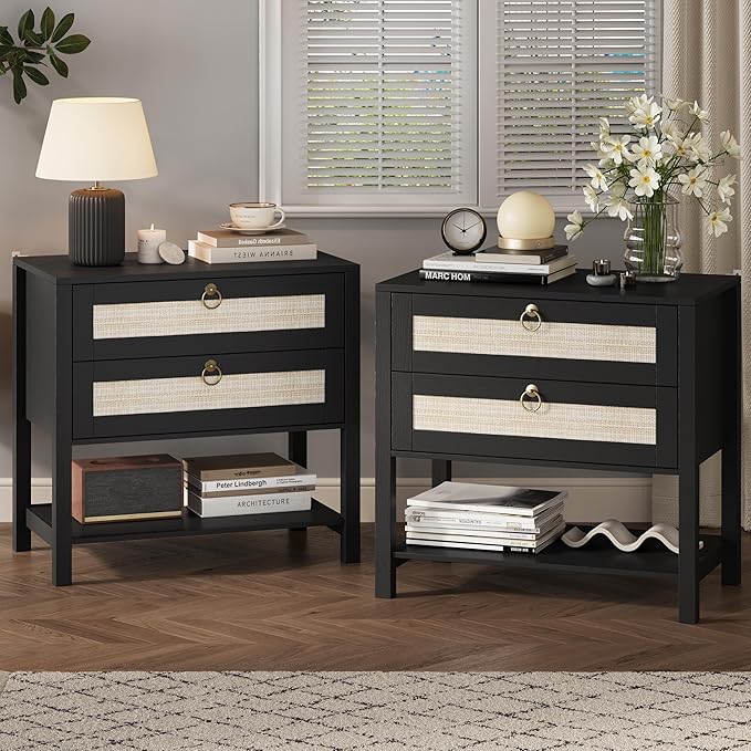 Xixini Nightstand Set of 2, Rattan Boho Bedside Table with 2 Drawers, Open Shelf & Brass Knobs, Small Mid Century Modern Night Stand, Wooden End Side Table for Bedroom, Living Room, Closet, Black