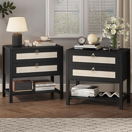 Xixini Nightstand Set of 2, Rattan Boho Bedside Table with 2 Drawers, Open Shelf & Brass Knobs, Small Mid Century Modern Night Stand, Wooden End Side Table for Bedroom, Living Room, Closet, Black