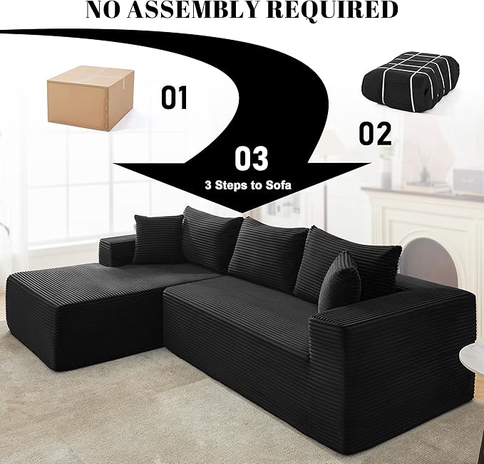Mangodan 110” Cloud Sectional Couch, Boneless Sofa for Living Room, Modular Sectional Sofa with Deep Seat, Comfy Fluffy Couch with L-Shaped Chaise, No Assembly Required (Left-Facing Chaise, Black)