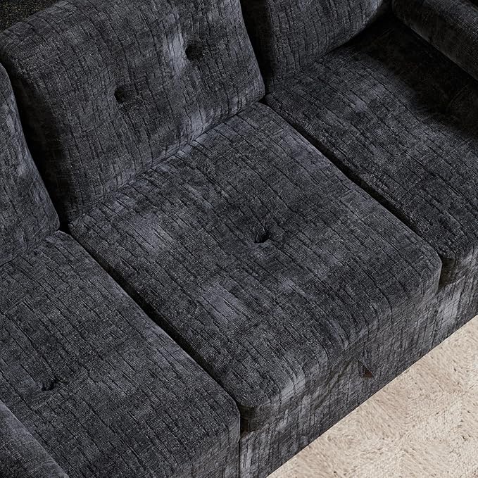 Convertible Sleeper Sofa Bed, 63 Inch Chenille Pull Out Couch with Side Table & Adjustable Backrest, Sectional Sleeper Sofa with Pull Out Bed for Living Room, Apartment, Black
