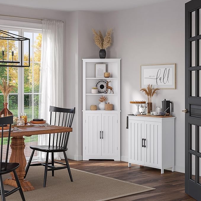 RiverRidge Monroe Two-Door Floor Storage Cabinet - Bathroom Storage Cabinet with Adjustable Shelves - Soft-Close Doors White Finish with Matte Black Handles