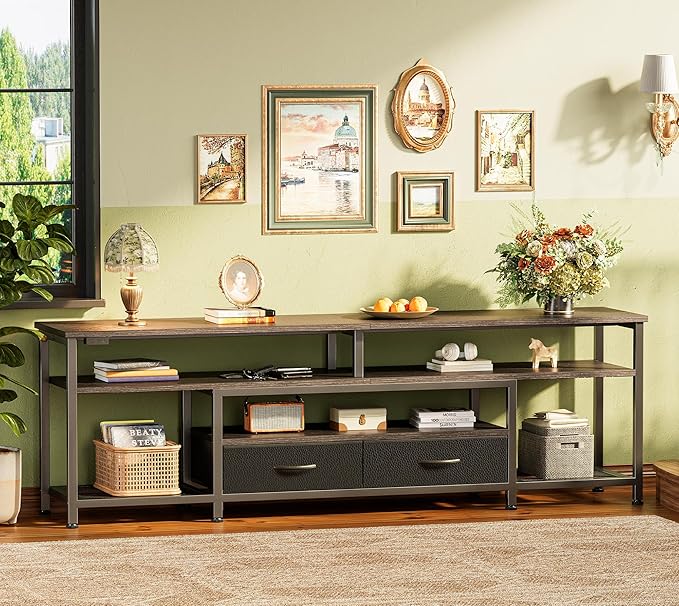 Huuger 63 Inch LED TV Stand for 65 70 Inch TV, Entertainment Center with Open Shelves and Power Outlets, TV Console for Living Room, Media Console with Drawers, Black