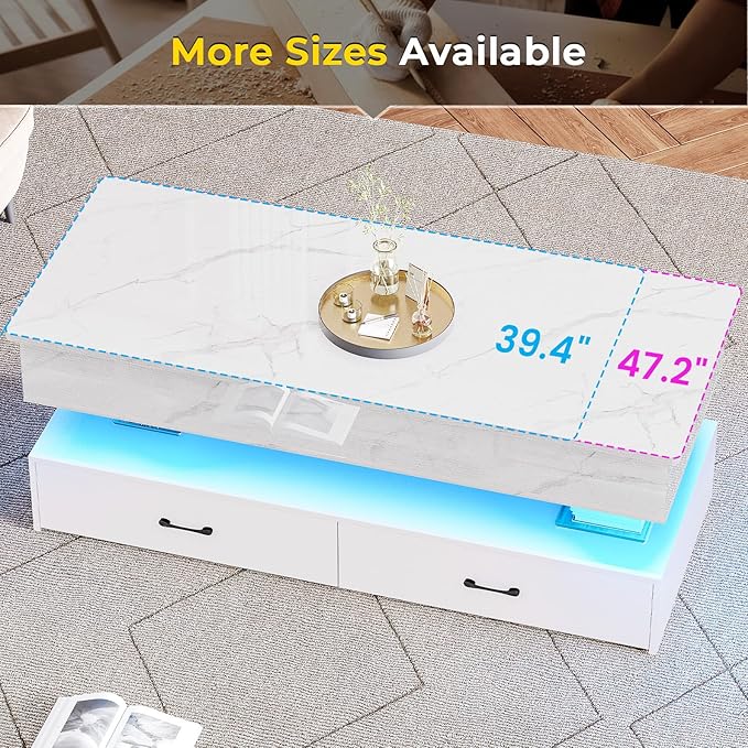 SEDETA 47.2" Lift Top Coffee Table, Coffee Tables with Storage for Living Room, 2 Drawers Coffee Table with Power Outlet & LED Light for Dining Reception Room, High Gloss White Marble