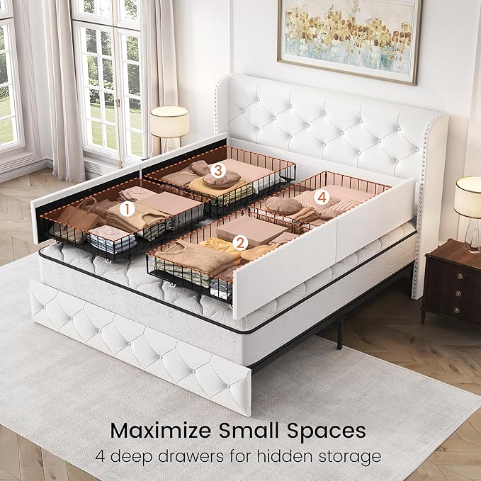 LARMACE Full Size Bed Frame with 4 Storage Drawers and 47.2" Tall Wingback Headboard Velvet Upholstered Platform Bed Frame Tufted Beds with Wooden Slats Support, Easy Assembly, White