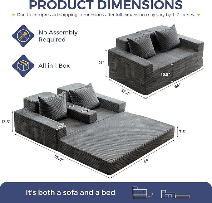 MAXYOYO Loveseat Sofa Bed, 64" Foldable Floor Sofa Couch in A Box with 2 Cup Holders, 4 in 1 Convertible Boneless Couch Folding Recliner Sleeper Chair for Living Room,Charcoal Grey