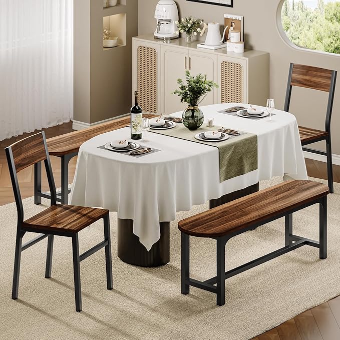 Feonase Dining Chairs and Benches Set of 4, Modern Dining Room Chairs with Ergonomic Backrest, Wood Structure & Metal Legs, for Kitchen, Dining Room, Space-Saving, Easy to Assemble & Clean, Walnut