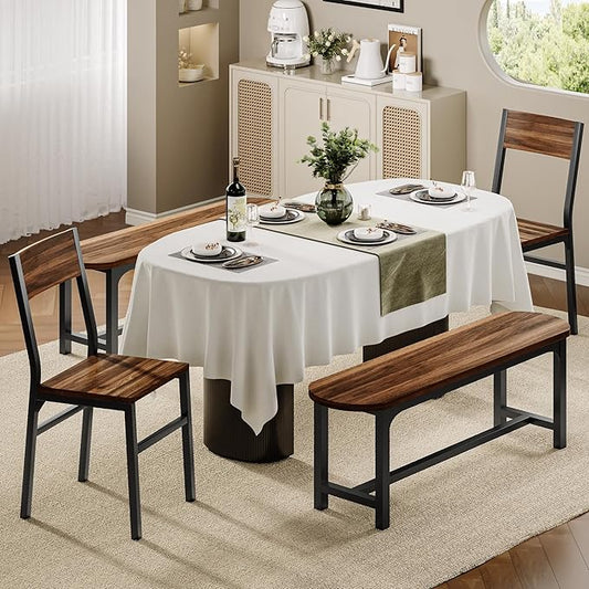 Feonase Dining Chairs and Benches Set of 4, Modern Dining Room Chairs with Ergonomic Backrest, Wood Structure & Metal Legs, for Kitchen, Dining Room, Space-Saving, Easy to Assemble & Clean, Walnut