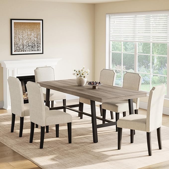GarveeHome Industrial Dining Table for 6-8 People, 78.7" Long Kitchen Table with Sturdy Metal Frame, Rectangular Counter for Dinner, Kitchen, Dining Room (Grey Walnut, 79" Non-extendable)