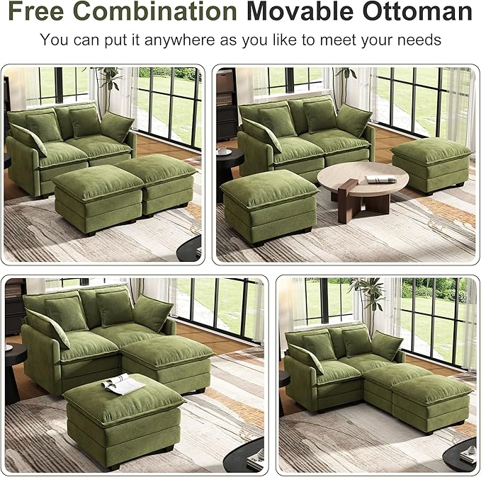 58" Cloud Couch Loveseat, Deep Seat Modular Sectional Sofa with 4 Removable Washable Pillows and 2 Ottoman for Living Room, Bedroom, Apartment, Green