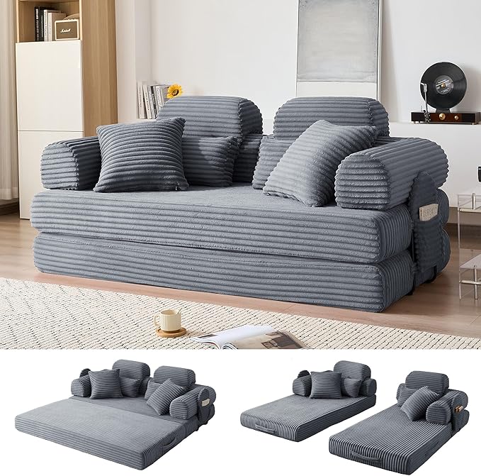 78.8" Convertible Sofa Bed with High Backrest Headrest, 5-in-1 Corduroy Boneless Couch with Side Pocket, Sleeper Loveseat Couch Bed Sectional Couches for Living Room, No Assembly, Gray