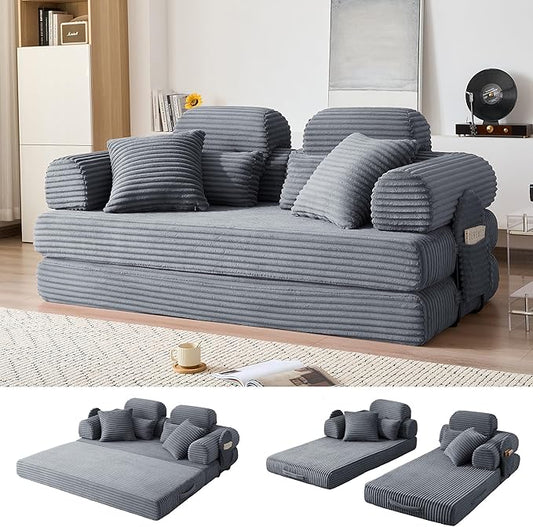 78.8" Convertible Sofa Bed with High Backrest Headrest, 5-in-1 Corduroy Boneless Couch with Side Pocket, Sleeper Loveseat Couch Bed Sectional Couches for Living Room, No Assembly, Gray