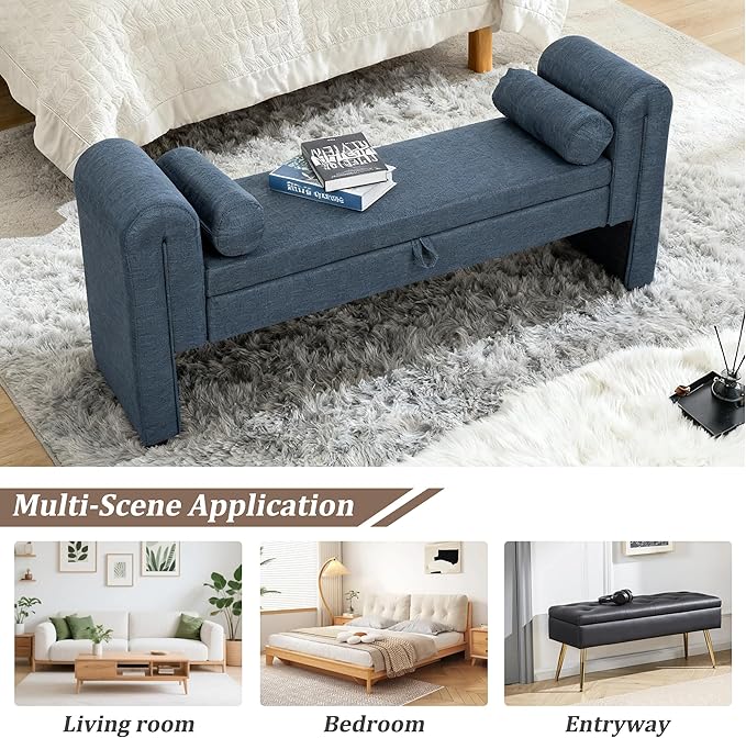 Velvet Upholstered Storage Bench for Bedroom End of Bed with Rolled Armed Button Tufted Sofa Stool, Ottoman Couch Long Bench with Solid Wood Legs (Blue-Gray)