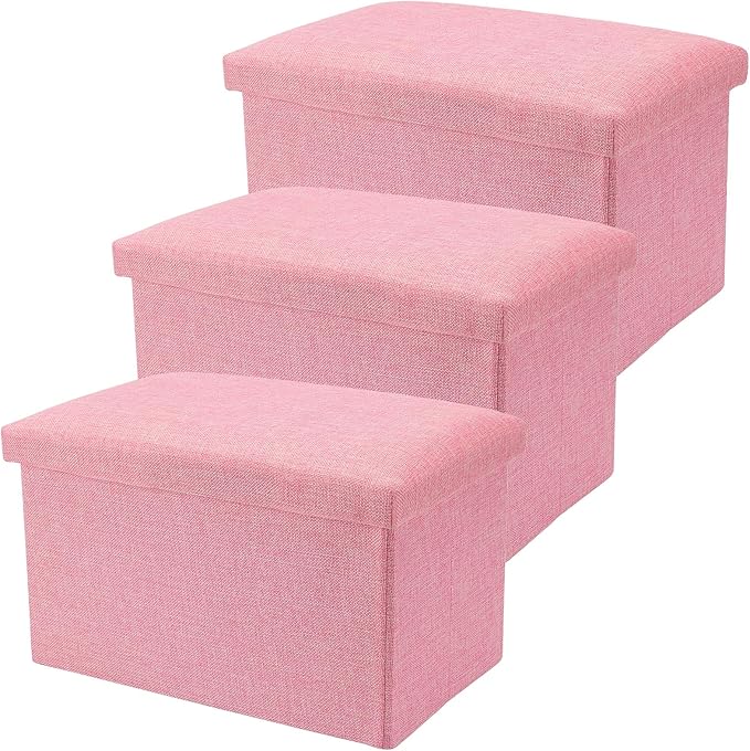 HOZEON 3 Pack 15.7 x 9.8 x 9.10 Inches Folding Storage Ottoman, Pink Rectangle Footrest Seat, Multifunctional Foot Stool for Living Room, Office, Traveling, Fishing, Camping