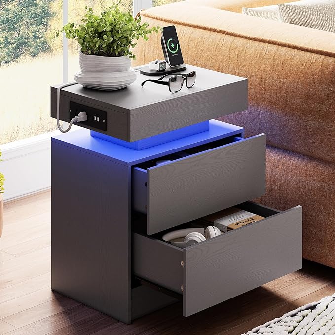LIKIMIO Night Stand with Charging Station, Modern Grey Nightstand with LED Light and Drawers, Bedside Tables/End Table for Bedroom