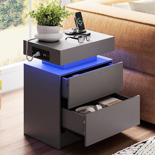 LIKIMIO Night Stand with Charging Station, Modern Grey Nightstand with LED Light and Drawers, Bedside Tables/End Table for Bedroom