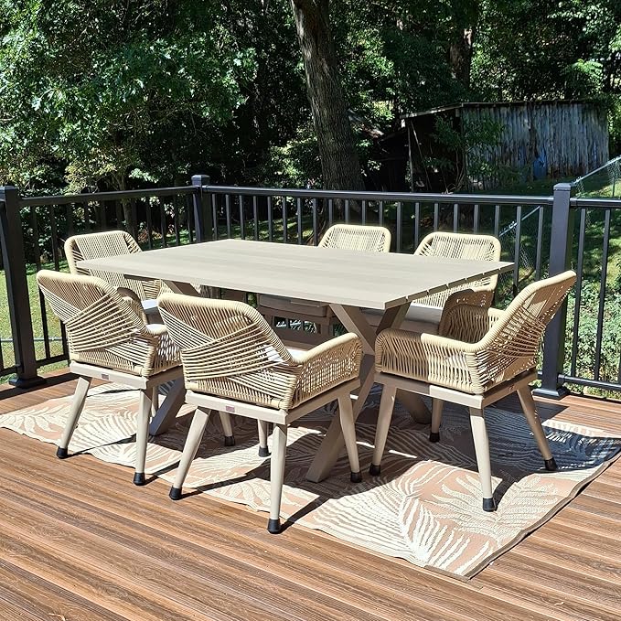 PURPLE LEAF Outdoor Patio Dining Set All-Weather PE Rattan Furniture Set with All Aluminum Frame Rectangular 7 Pieces Table and Chairs Set for 6 People Lawn Garden Backyard Deck, Champagne